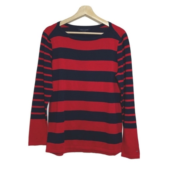 TOMMY HILFIGER Navy Red Stripe Mixed Print Sweater - Picture 5 of 12